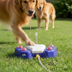 Dog pressing paw on water fountain